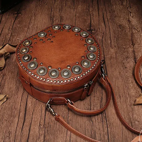 Brown Studded Leather Circle Bag for Women