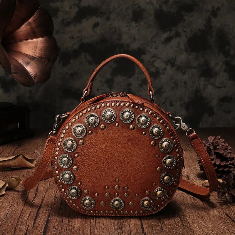 Brown Studded Leather Circle Bag for Women