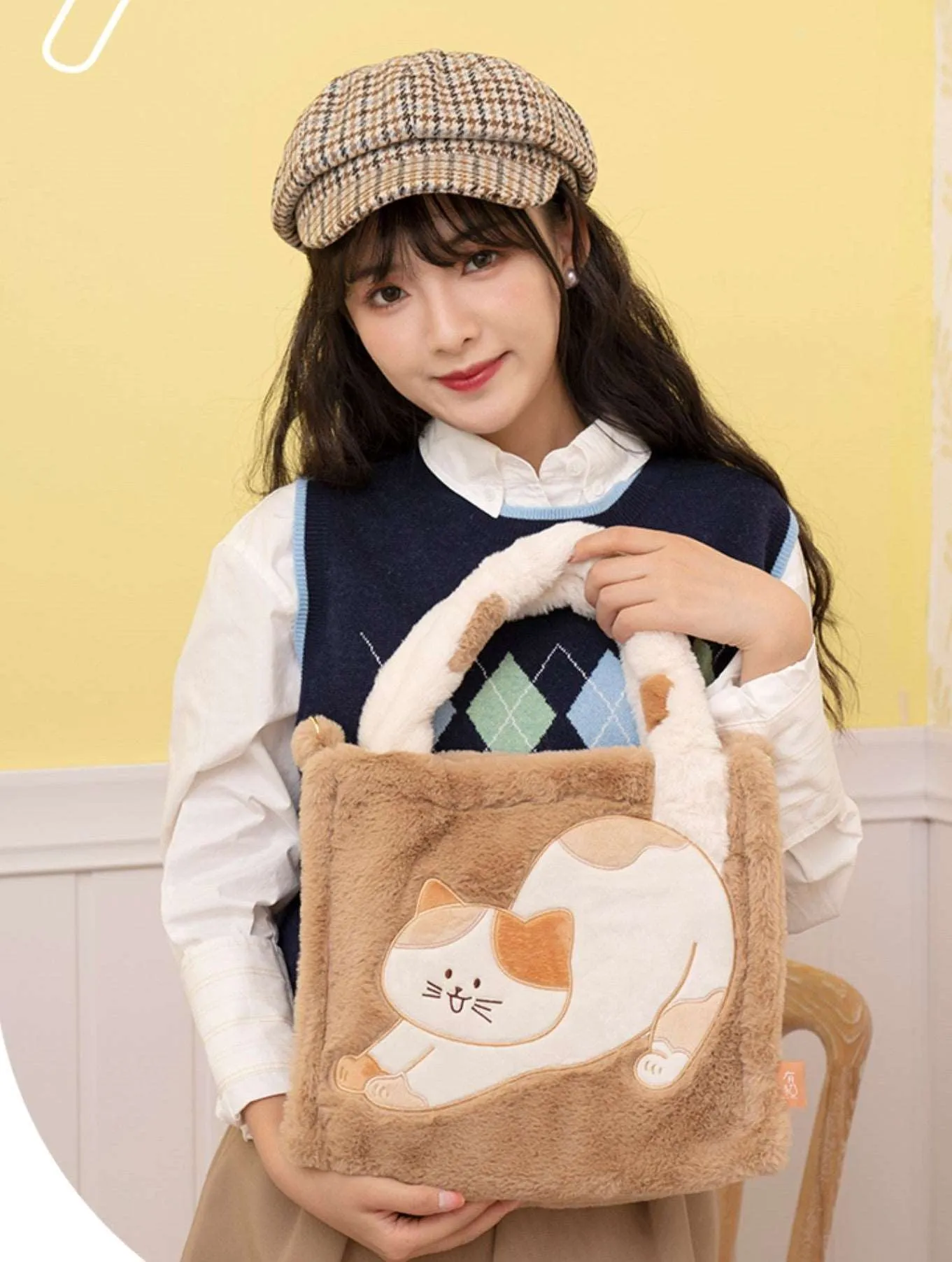 Calico Cat Brown Autumn Fall Girl Cute Plush Doll Shoulder Messenger Tote Bag