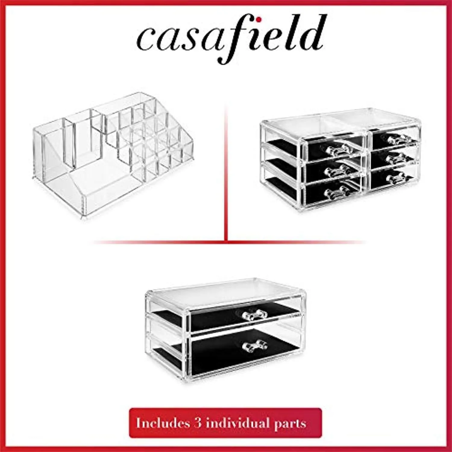 Casafield Acrylic Cosmetic Makeup Organizer & Jewelry Storage Display Case - 3 Piece Drawer Set - Clear