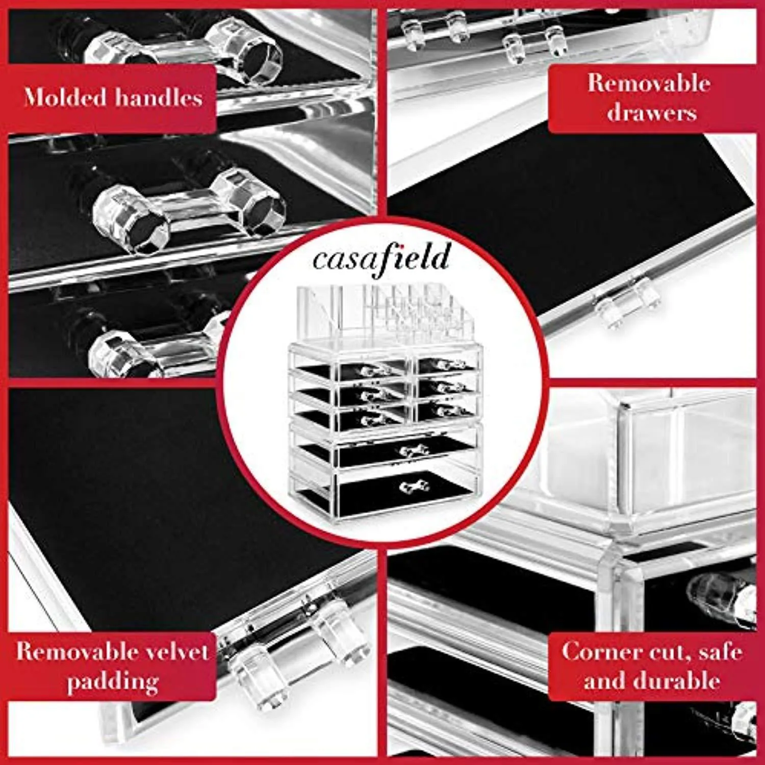 Casafield Acrylic Cosmetic Makeup Organizer & Jewelry Storage Display Case - 3 Piece Drawer Set - Clear