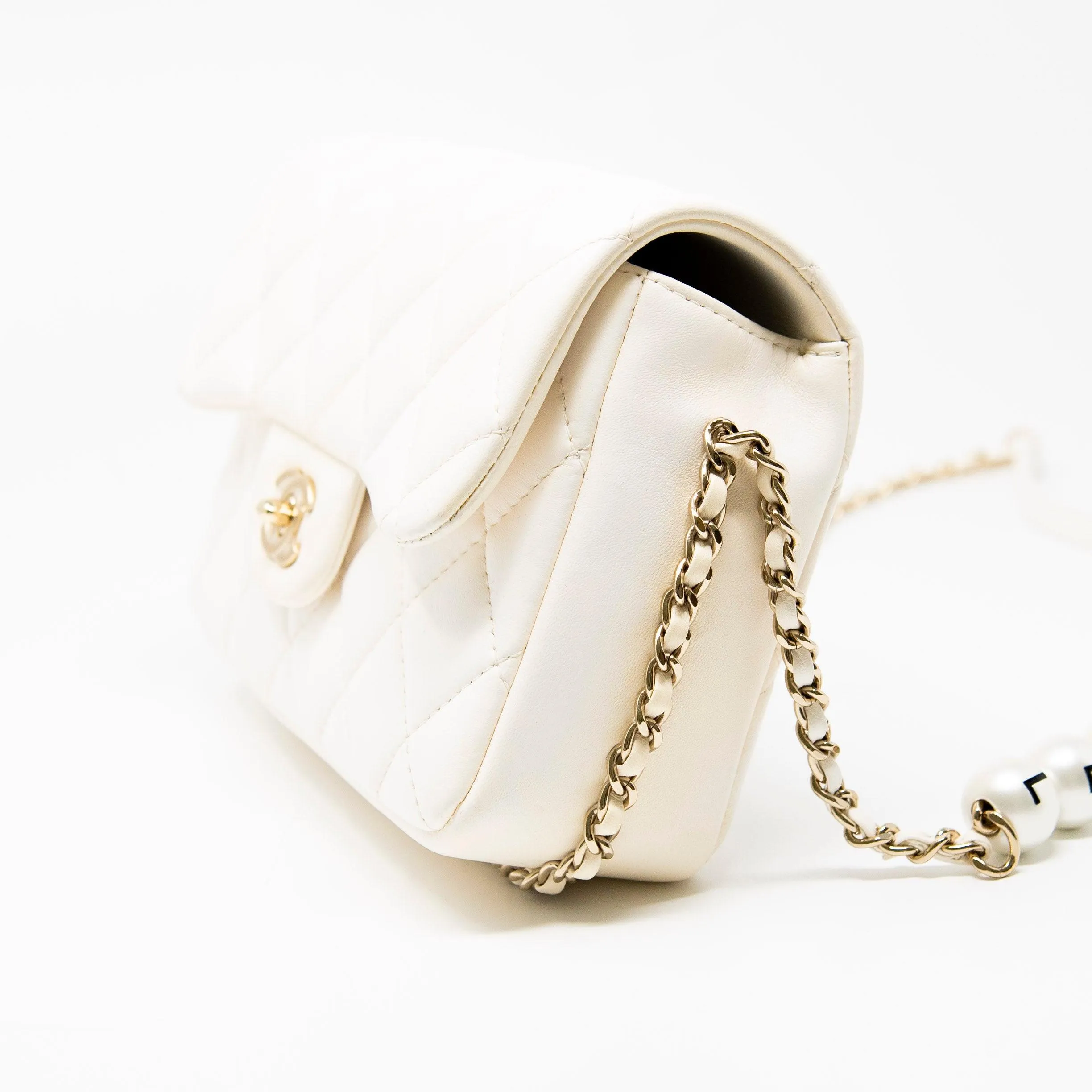 Chanel White Pearl Logo Mini Flap