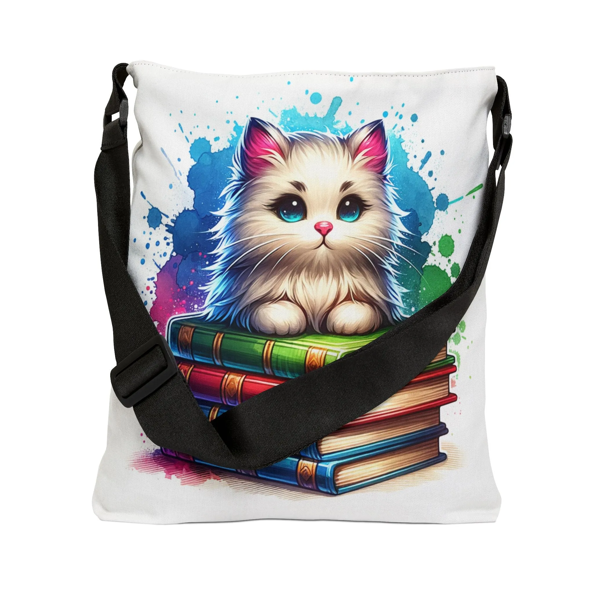 Cute White Cat on Stack of Library Books Tote Bag Adorable Book Lovers Tote for Cat Lovers adjustable Tote Bag