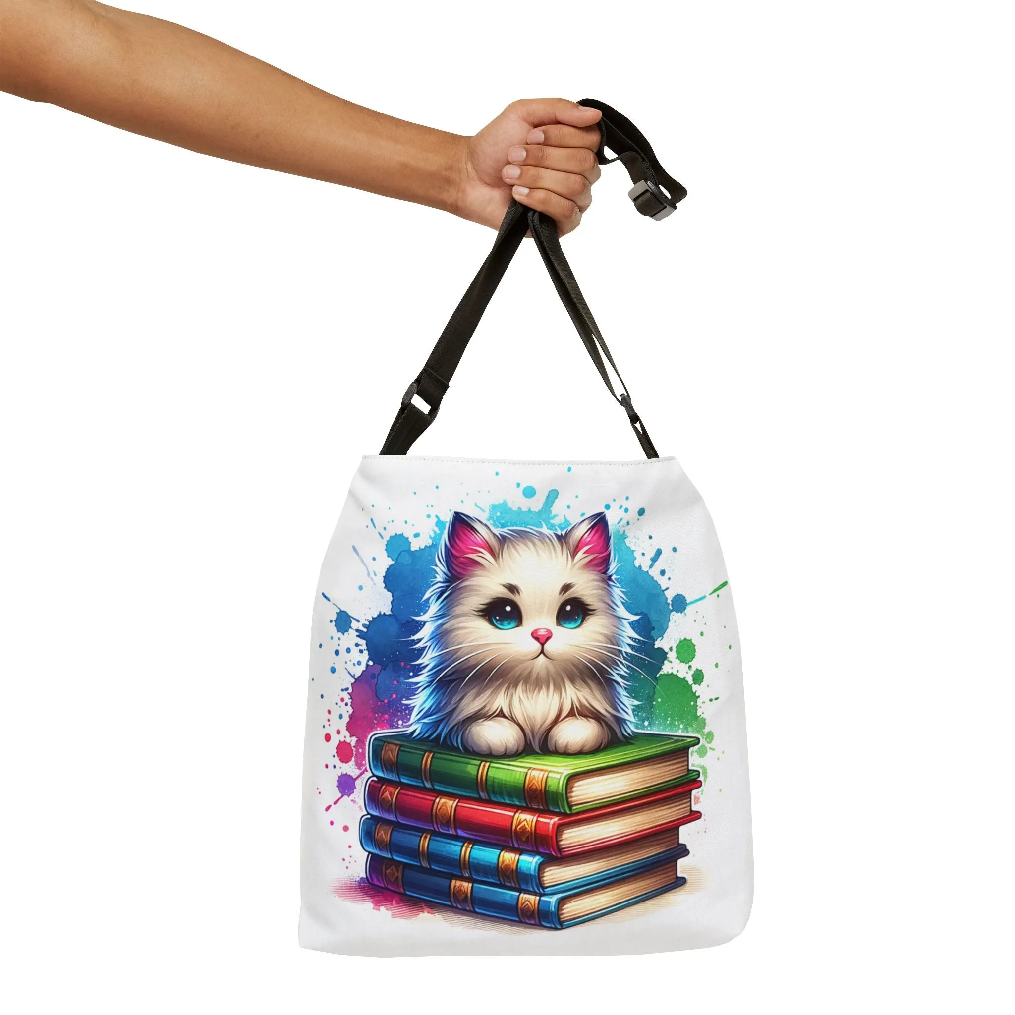 Cute White Cat on Stack of Library Books Tote Bag Adorable Book Lovers Tote for Cat Lovers adjustable Tote Bag