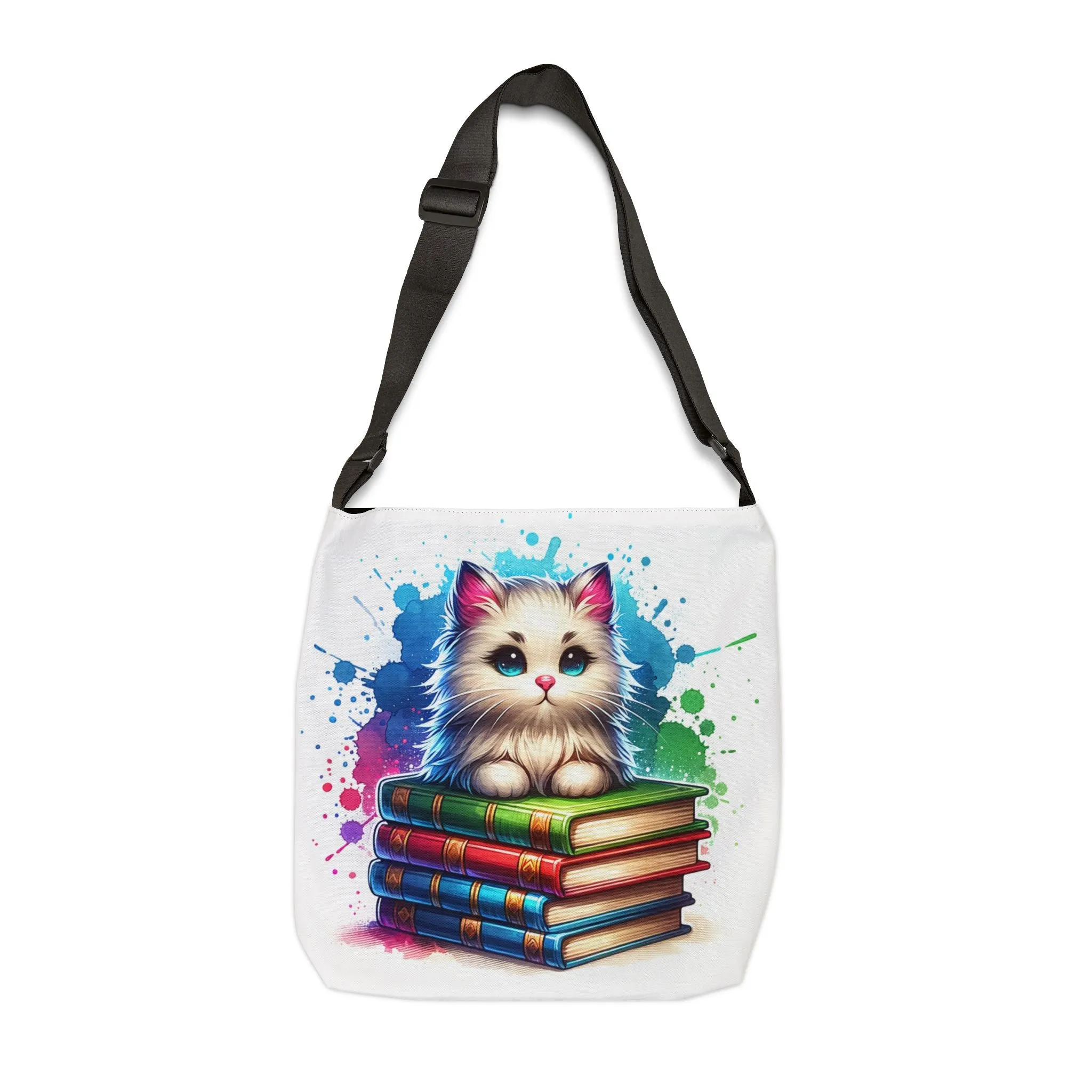 Cute White Cat on Stack of Library Books Tote Bag Adorable Book Lovers Tote for Cat Lovers adjustable Tote Bag