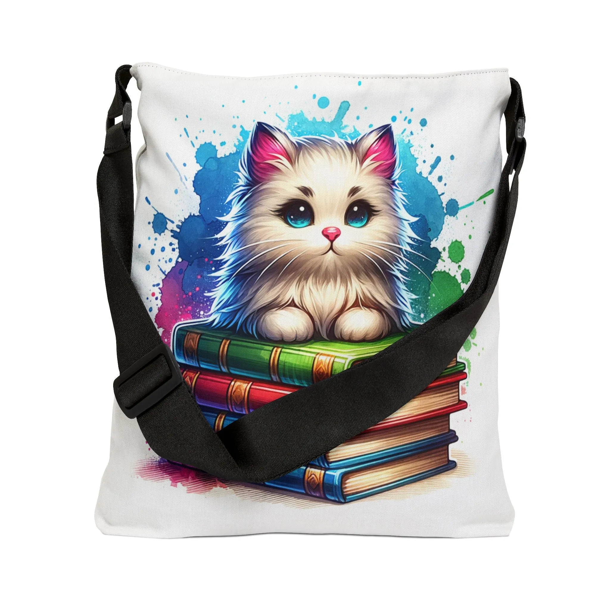 Cute White Cat on Stack of Library Books Tote Bag Adorable Book Lovers Tote for Cat Lovers adjustable Tote Bag