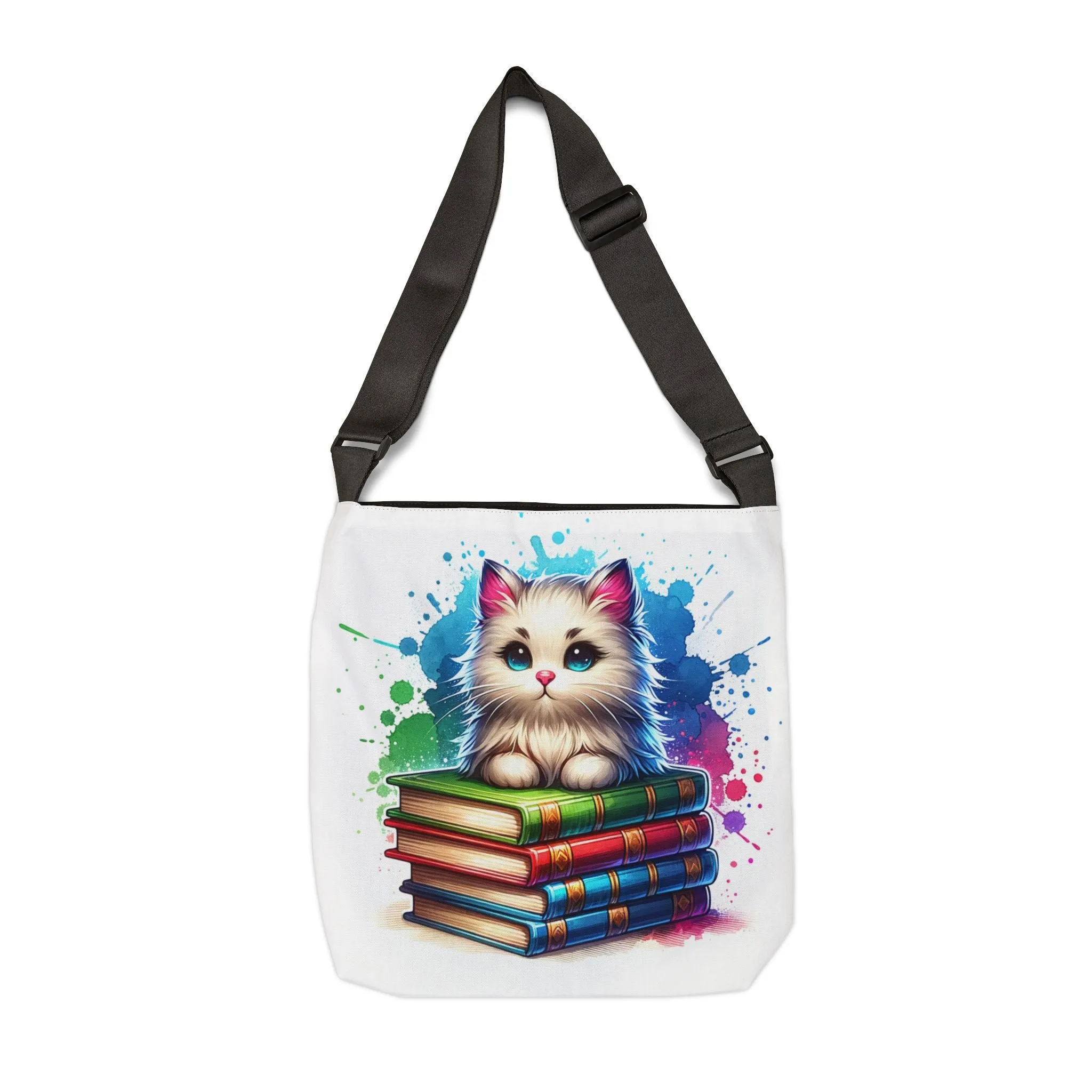 Cute White Cat on Stack of Library Books Tote Bag Adorable Book Lovers Tote for Cat Lovers adjustable Tote Bag