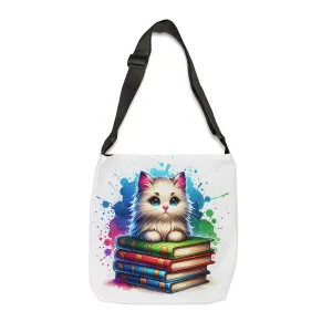 Cute White Cat on Stack of Library Books Tote Bag Adorable Book Lovers Tote for Cat Lovers adjustable Tote Bag