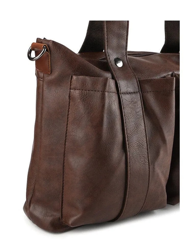 Distressed Leather Carryall Messenger Bag - Dark Brown