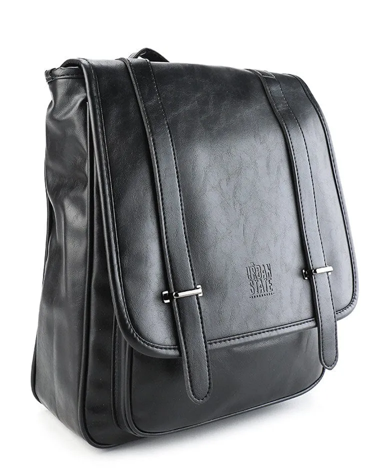 Distressed Leather Commuter Messenger Backpack - Black