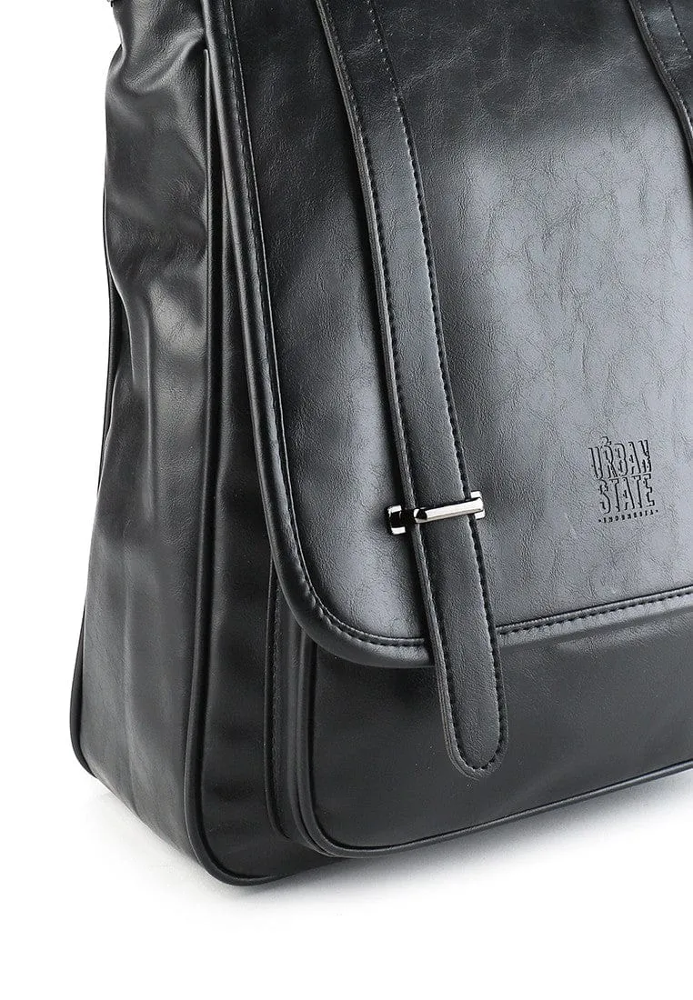 Distressed Leather Commuter Messenger Backpack - Black