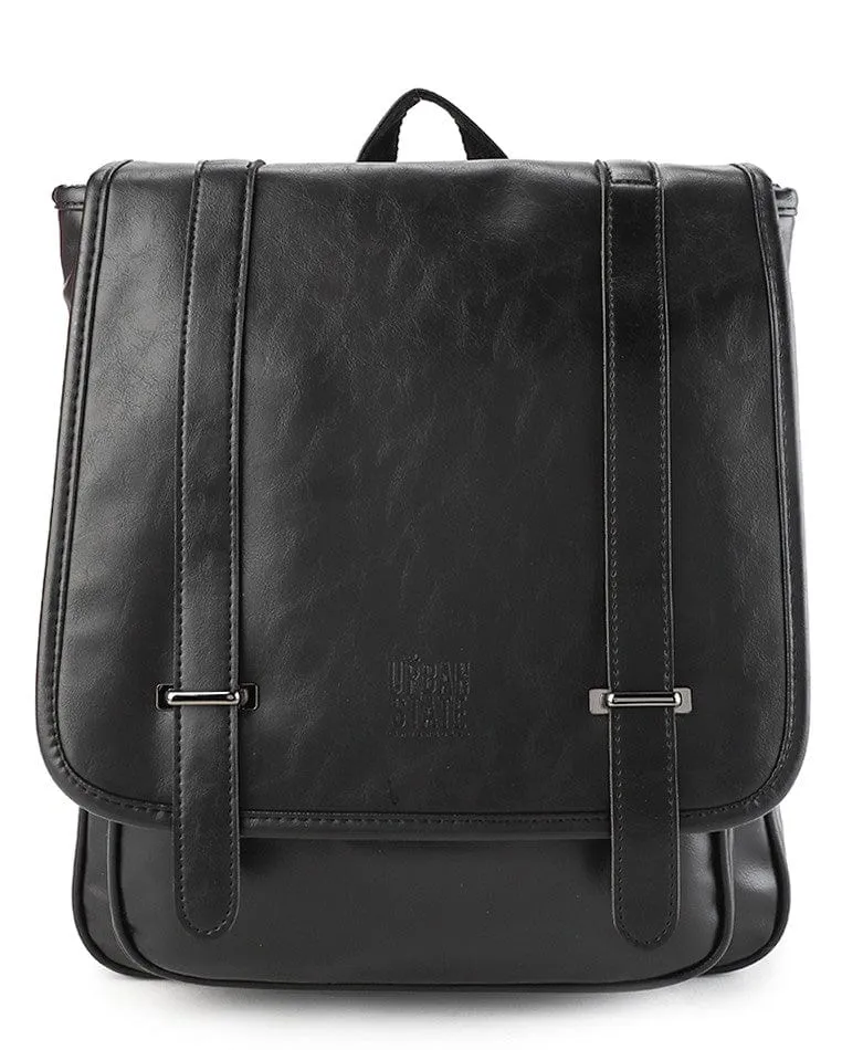 Distressed Leather Commuter Messenger Backpack - Black