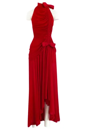 Documented Spring 1987 Valentino Haute Couture Red Silk Crepe Dress w Bow Details