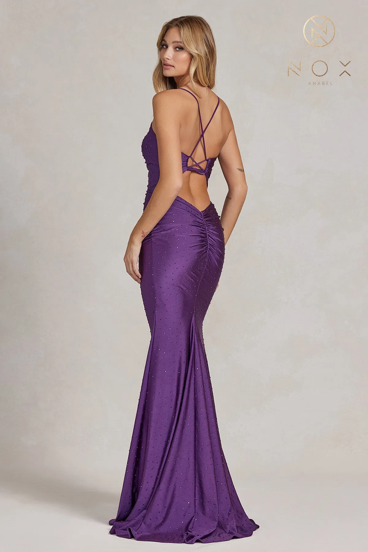 Embellished Jewel Illusion V-Neck Open Criss Cross Back Long Evening Dress NXK1123