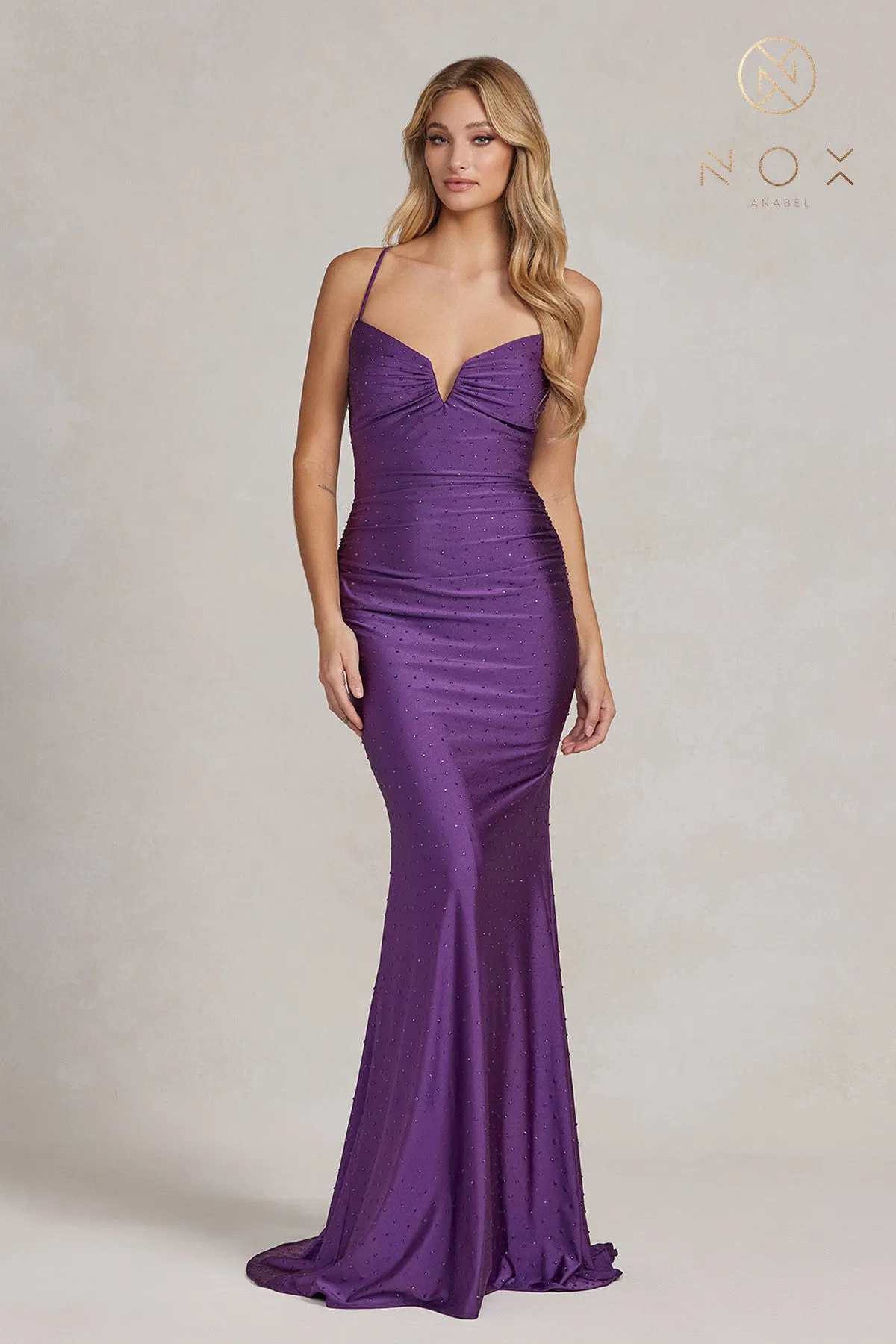 Embellished Jewel Illusion V-Neck Open Criss Cross Back Long Evening Dress NXK1123