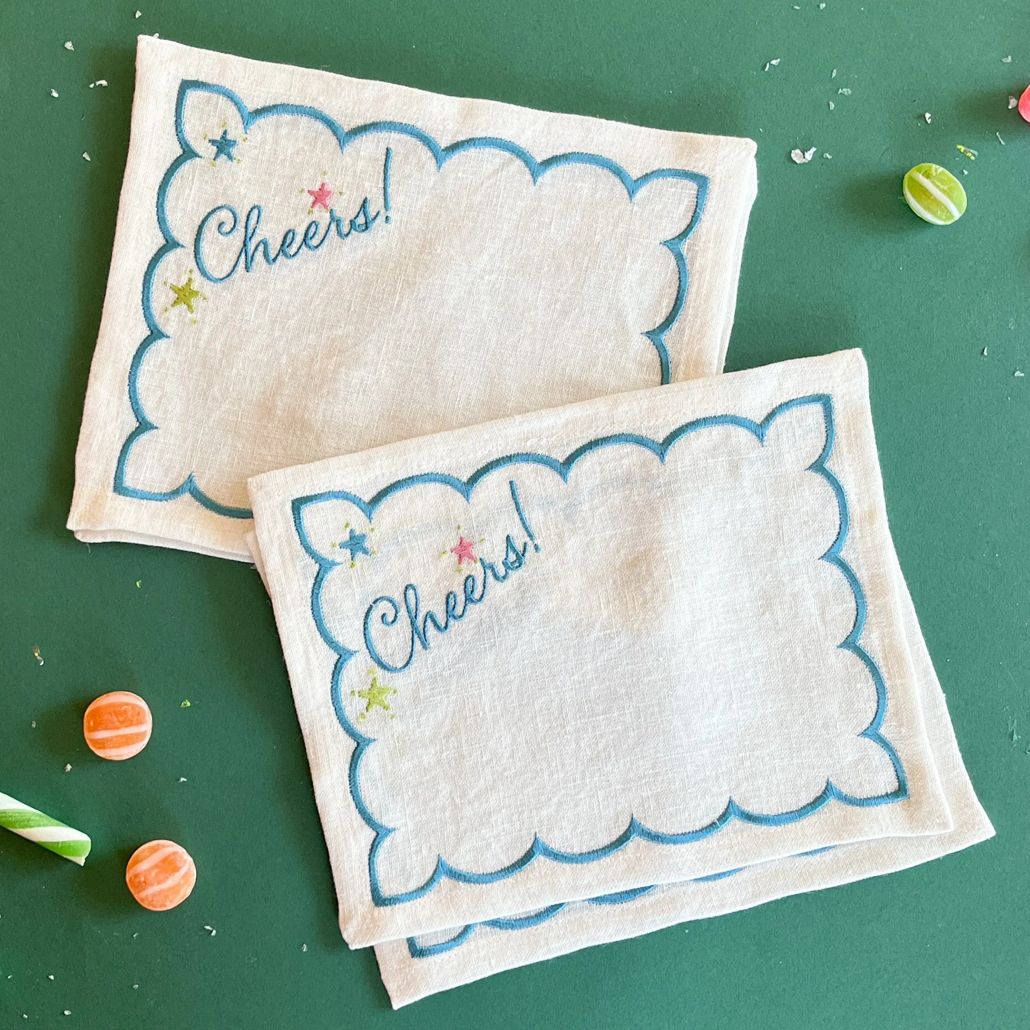 Embroidered Cheers! Linen Cocktail Napkins/Coasters, Set of 4