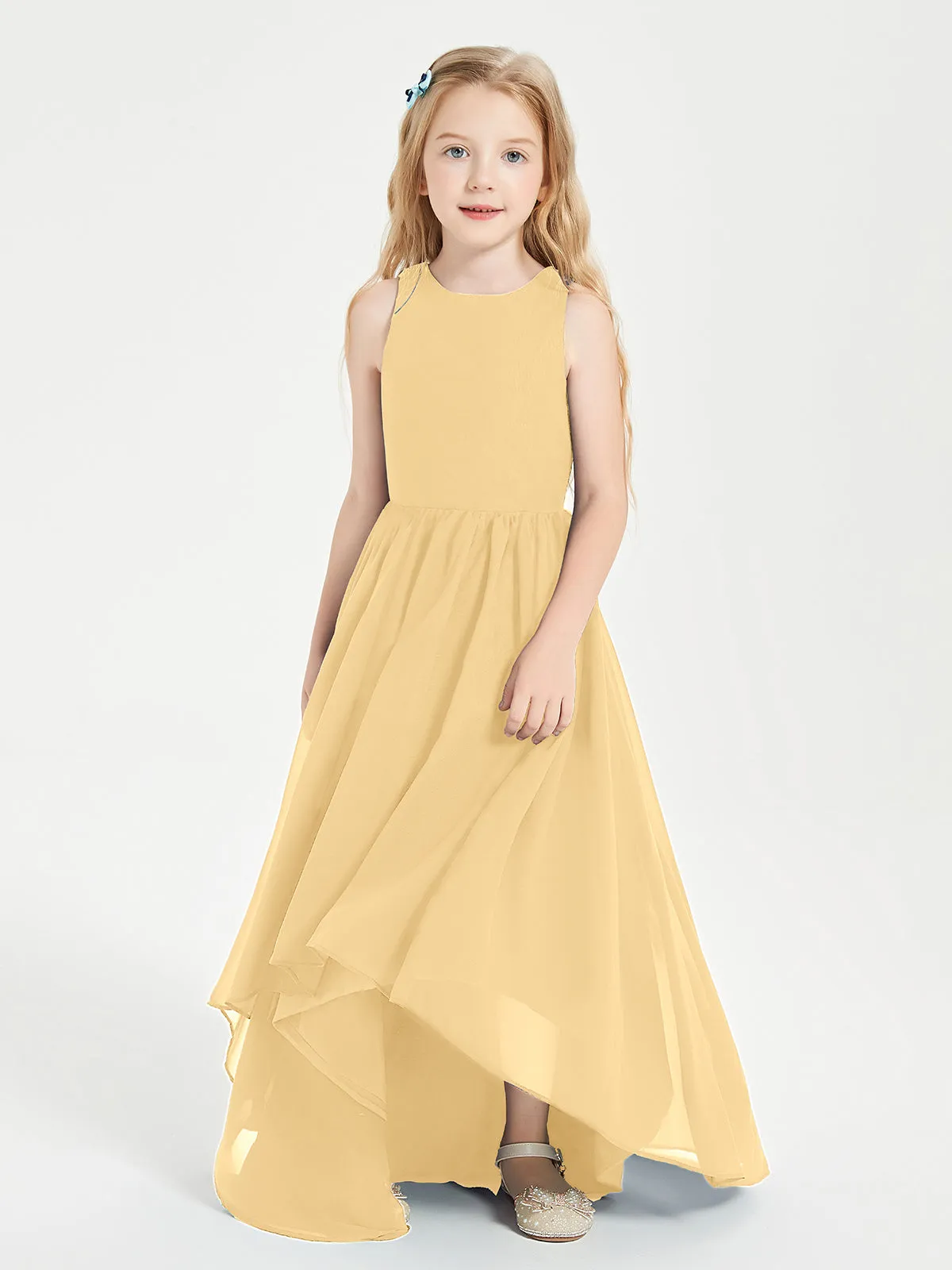 Exquisite Asymmetrical Junior Bridesmaid Dresses Scoop Neck Gold