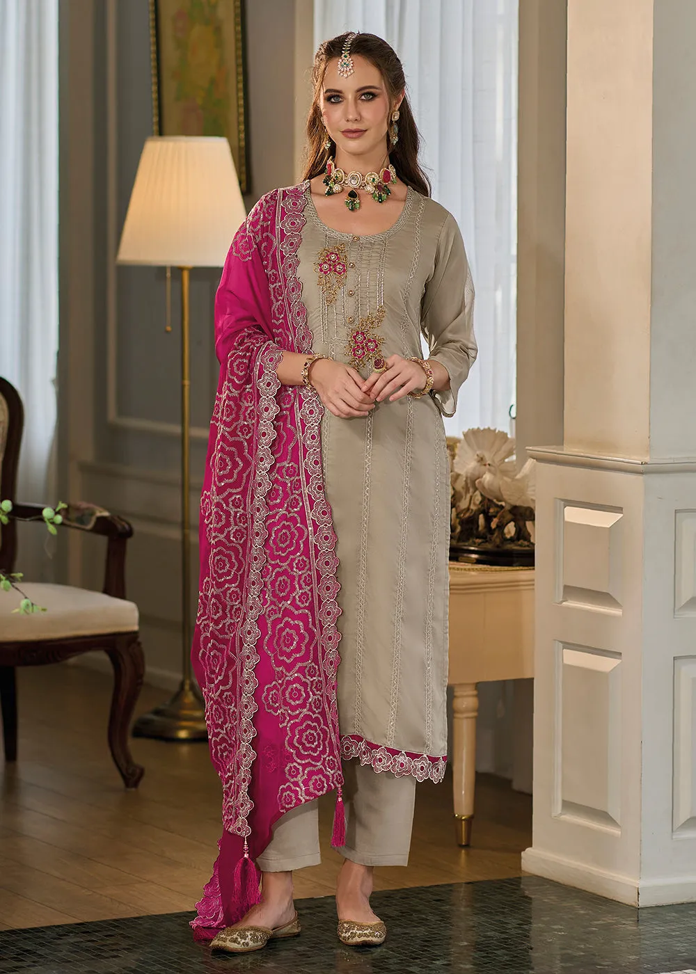 Exquisite Beige Soft Organza Embroidered Eid Wear Salwar Suit