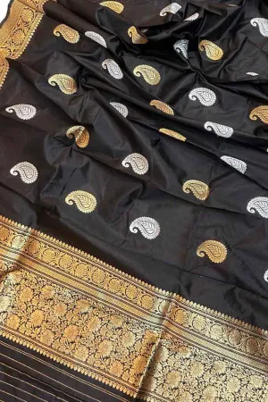 Exquisite Black Banarasi Silk Dupatta with Kadwa Boota