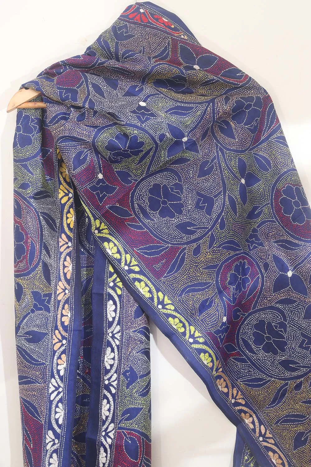 Exquisite Blue Hand Embroidered Kantha Bangalore Silk Stole