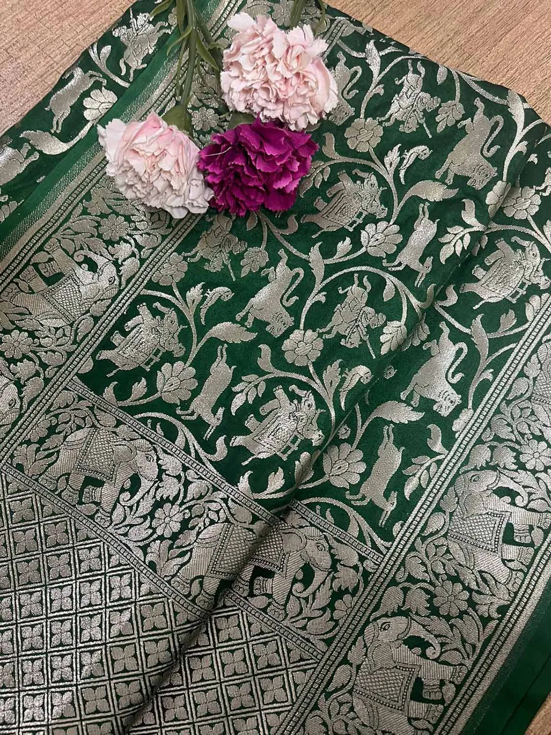 Exquisite Green Banarasi Silk Dupatta with Shikargah Design