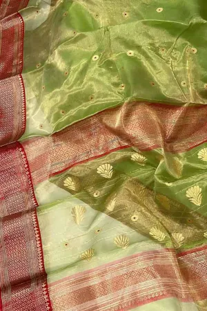 Exquisite Green Chanderi Handloom Tissue Katan Organza Saree