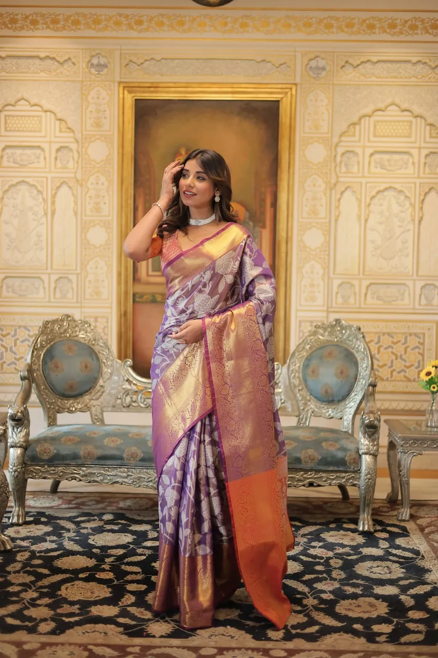 Exquisite Kanjivaram Silk Purple Saree with Zari Weaving Work