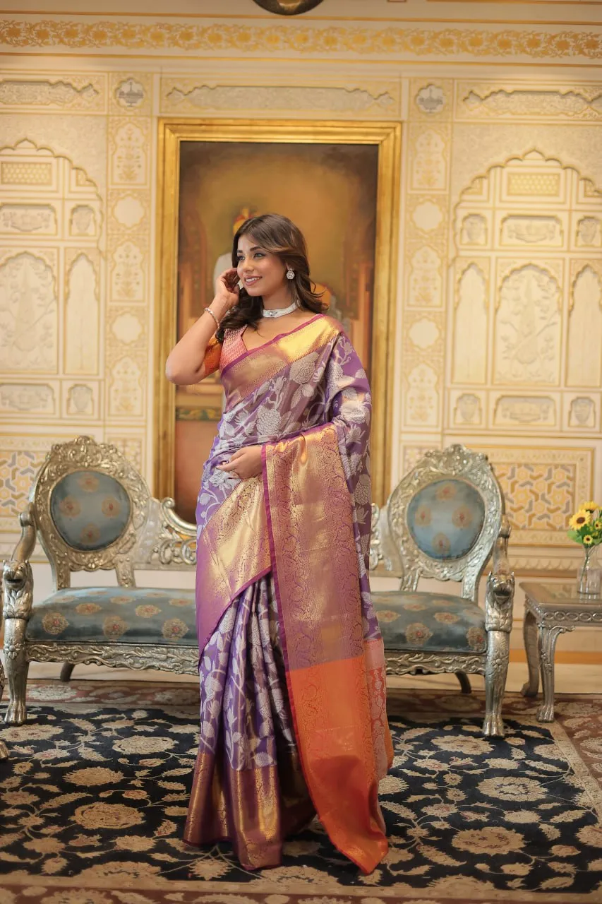 Exquisite Kanjivaram Silk Purple Saree with Zari Weaving Work