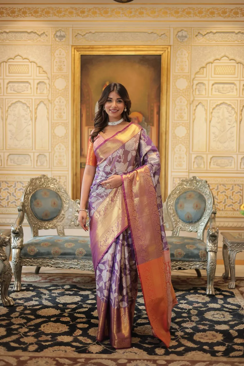 Exquisite Kanjivaram Silk Purple Saree with Zari Weaving Work