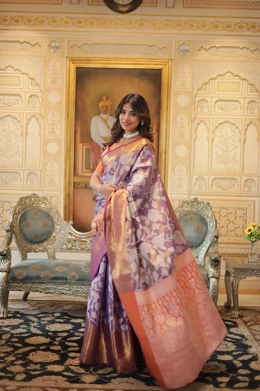 Exquisite Kanjivaram Silk Purple Saree with Zari Weaving Work