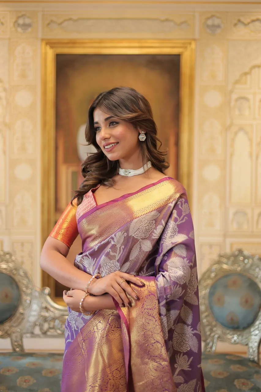 Exquisite Kanjivaram Silk Purple Saree with Zari Weaving Work