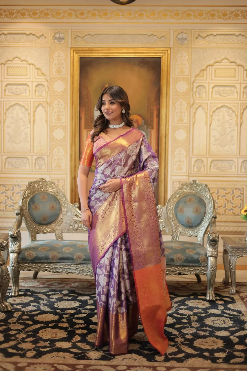 Exquisite Kanjivaram Silk Purple Saree with Zari Weaving Work