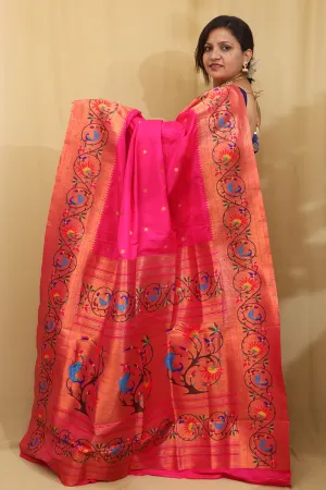 Exquisite Pink Paithani Silk Saree with Peacock & Flower