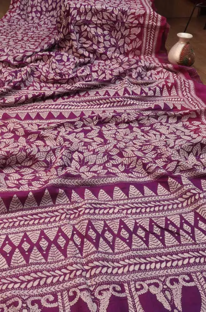 Exquisite Purple Kantha Silk Saree with Hand Embroidery