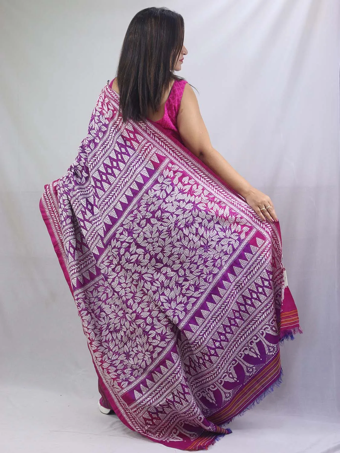 Exquisite Purple Kantha Silk Saree with Hand Embroidery