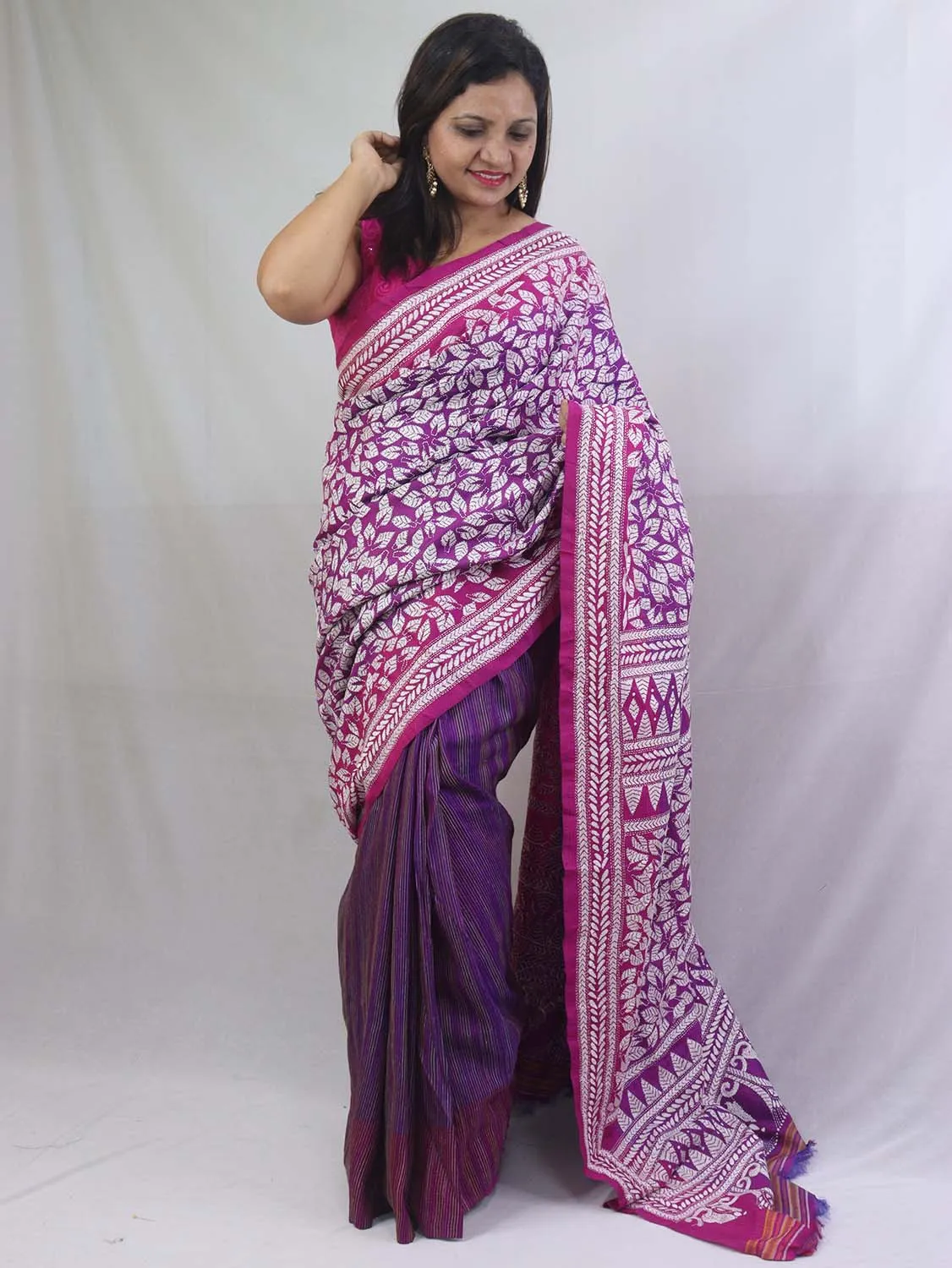 Exquisite Purple Kantha Silk Saree with Hand Embroidery