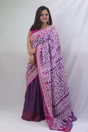 Exquisite Purple Kantha Silk Saree with Hand Embroidery