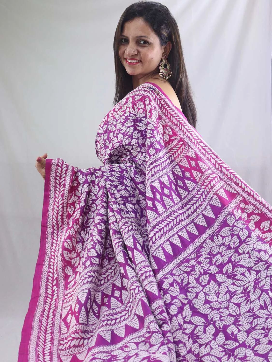 Exquisite Purple Kantha Silk Saree with Hand Embroidery