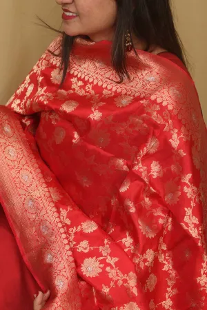 Exquisite Red Banarasi Handloom Pure Katan Silk Dupatta