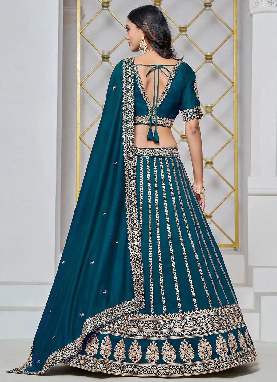 Exquisite Teal Art Silk Sequined Embroidered Lehenga Choli