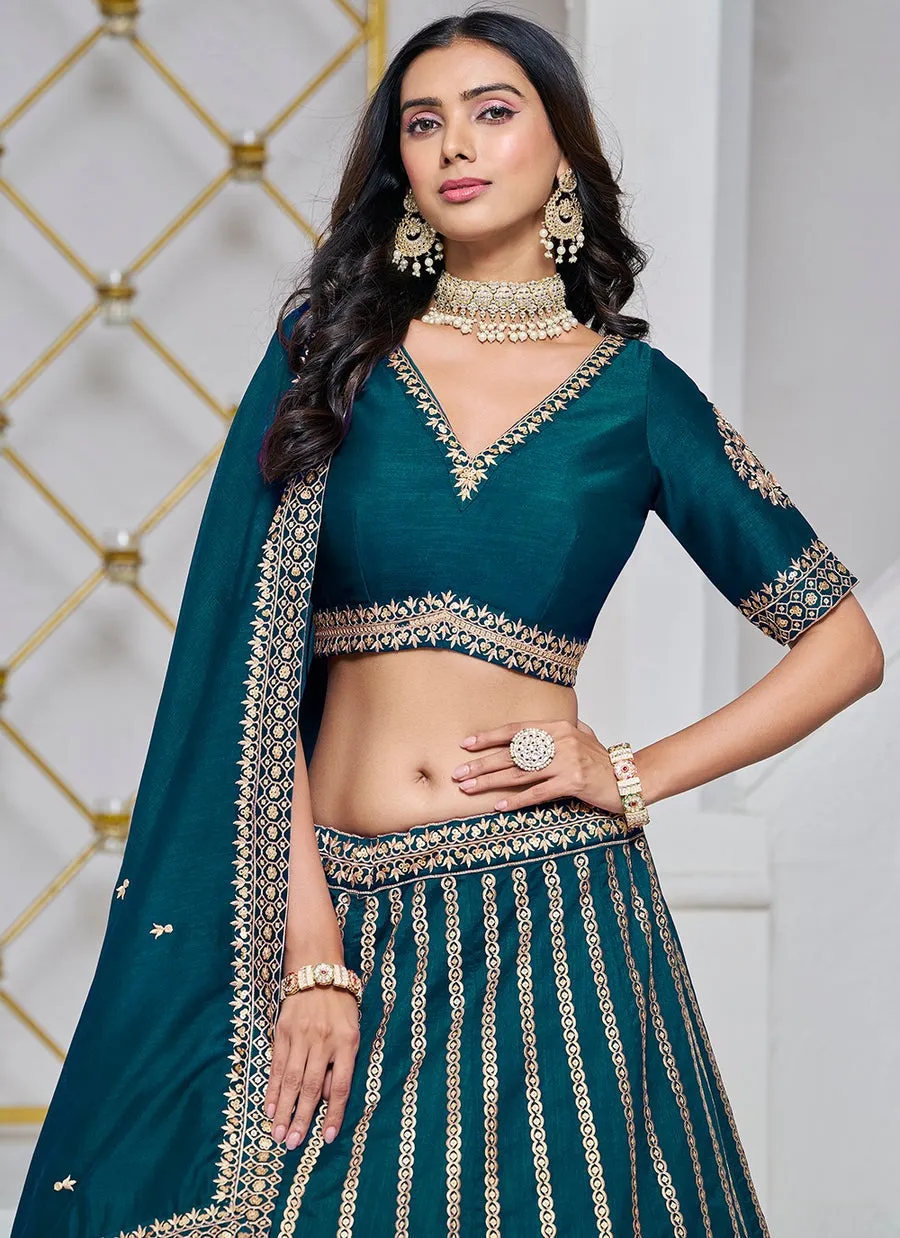 Exquisite Teal Art Silk Sequined Embroidered Lehenga Choli