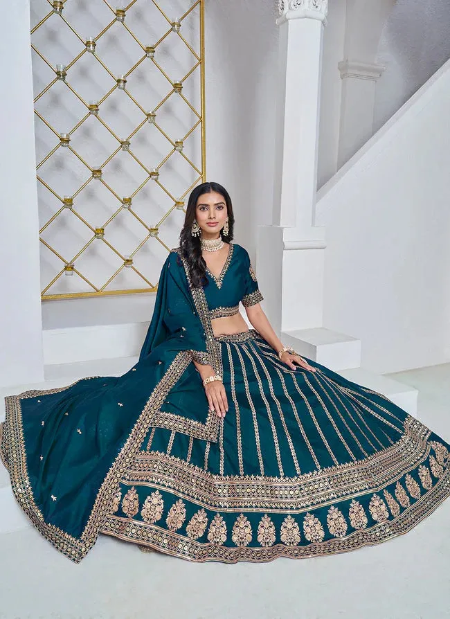 Exquisite Teal Art Silk Sequined Embroidered Lehenga Choli