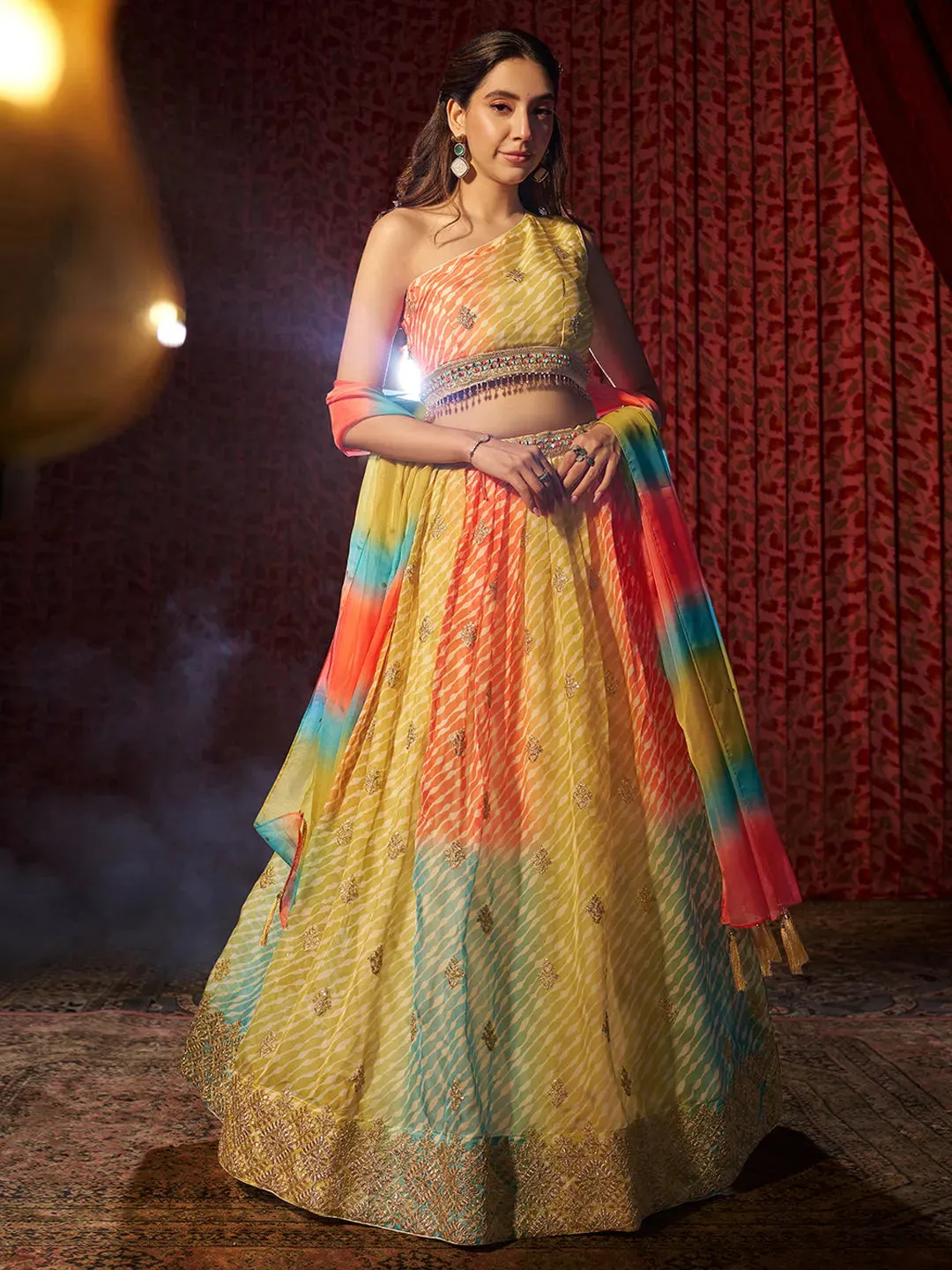 Exquisite Yellow Printed or Embroidered Organza Lehenga Choli