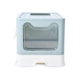 Foldable Cat Litter Box with Lid & Drawer, Blue - Floofi