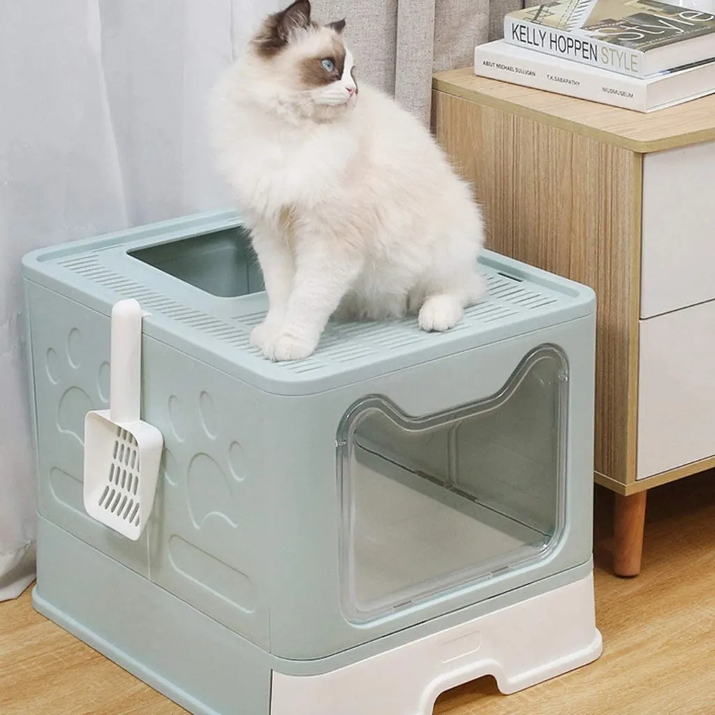 Foldable Cat Litter Box with Lid & Drawer, Blue - Floofi