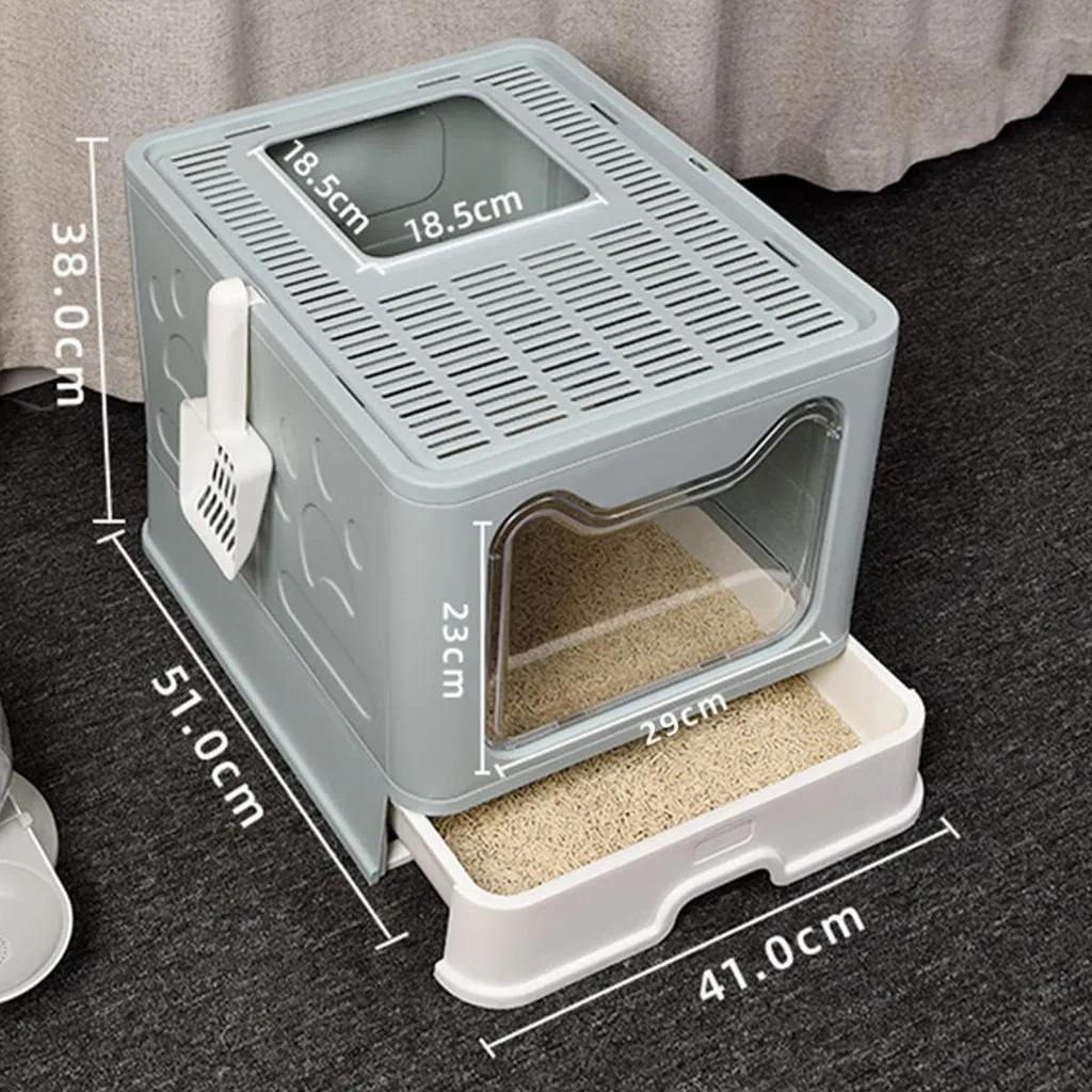 Foldable Cat Litter Box with Lid & Drawer, Blue - Floofi