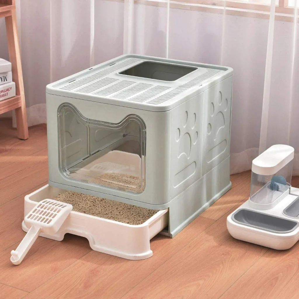 Foldable Cat Litter Box with Lid & Drawer, Blue - Floofi