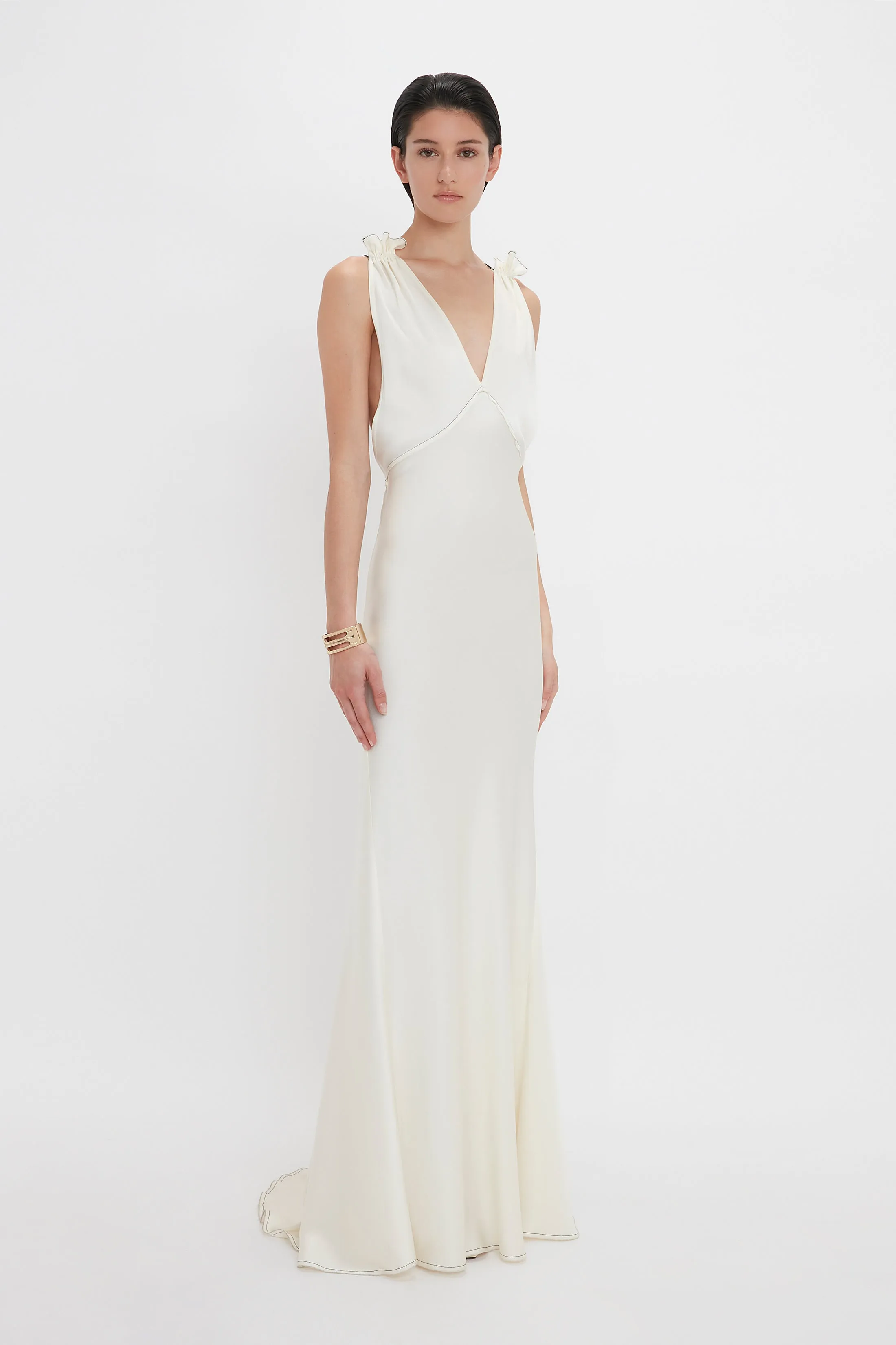 Gathered Shoulder Floor-Length Cami Gown In Ivory