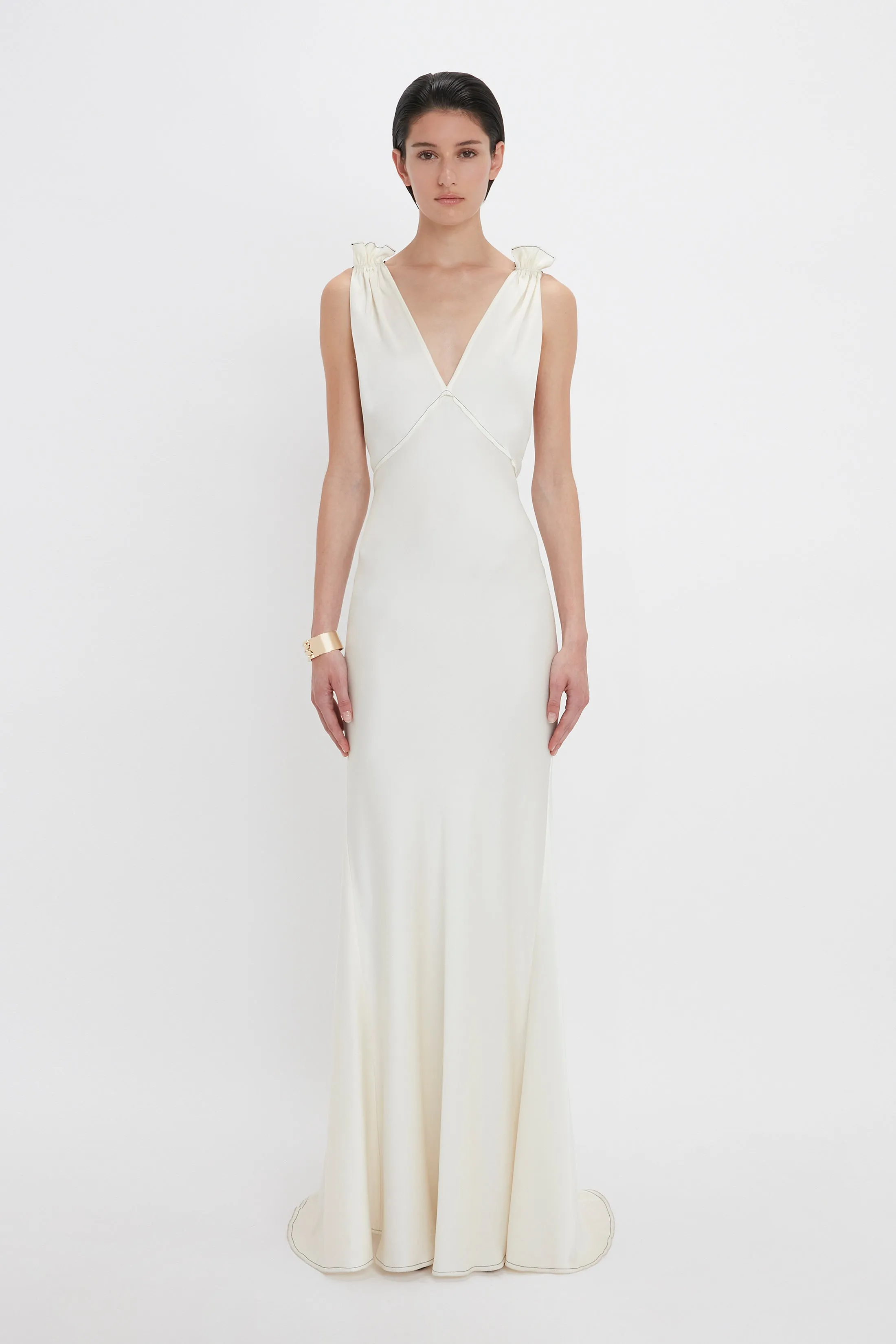 Gathered Shoulder Floor-Length Cami Gown In Ivory