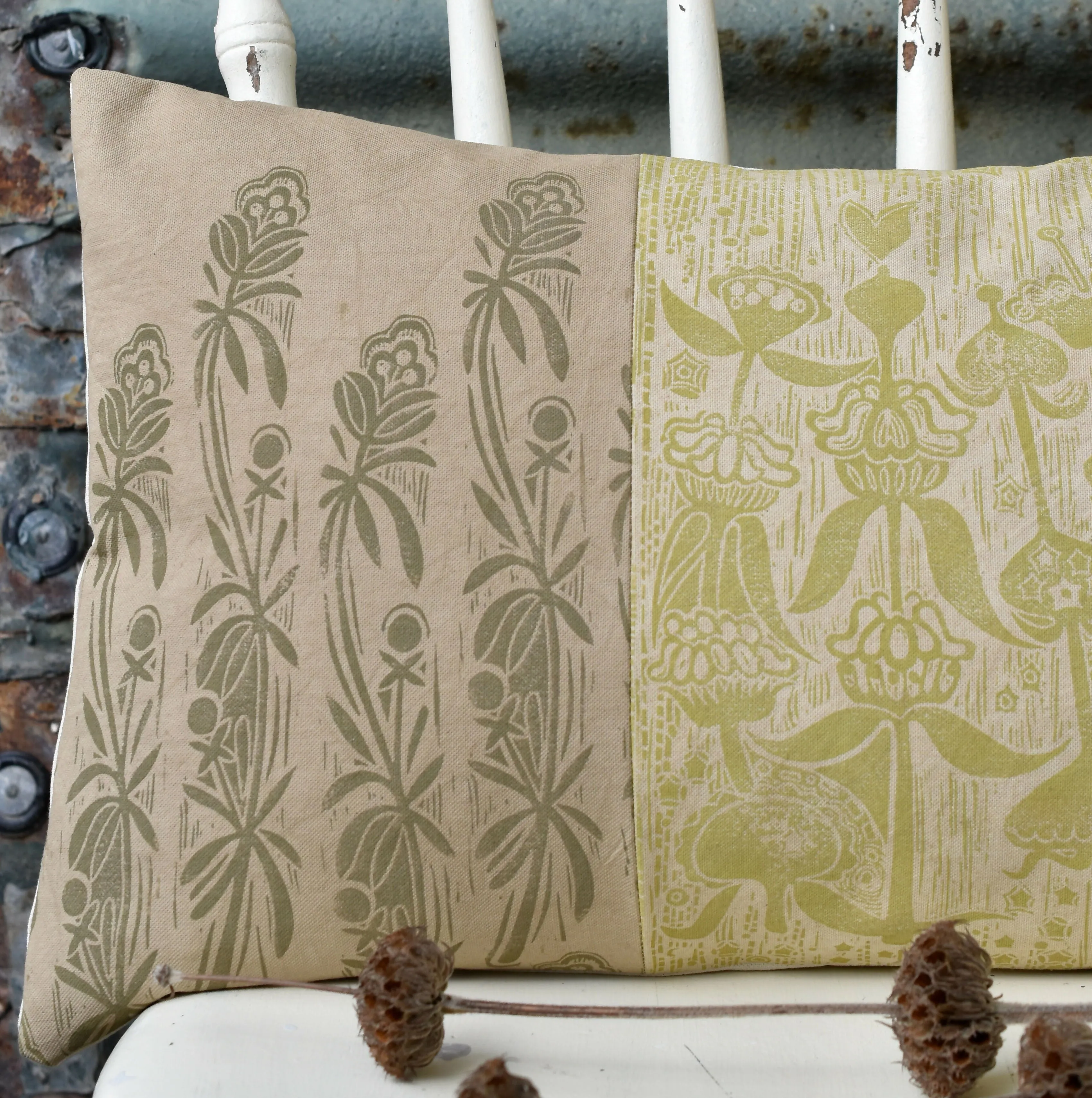 Goosegrass and Phlomis Cotton Cushion - Plant Dyed and Block Printed By Hand